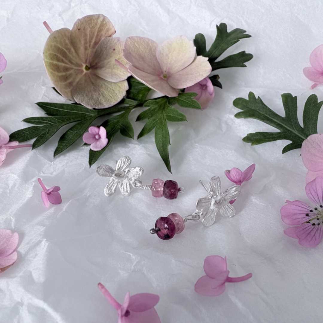 Flora Drop Earrings with Pink Tourmaline – handcrafted sterling silver earrings styled with fresh flowers and botanical elements
