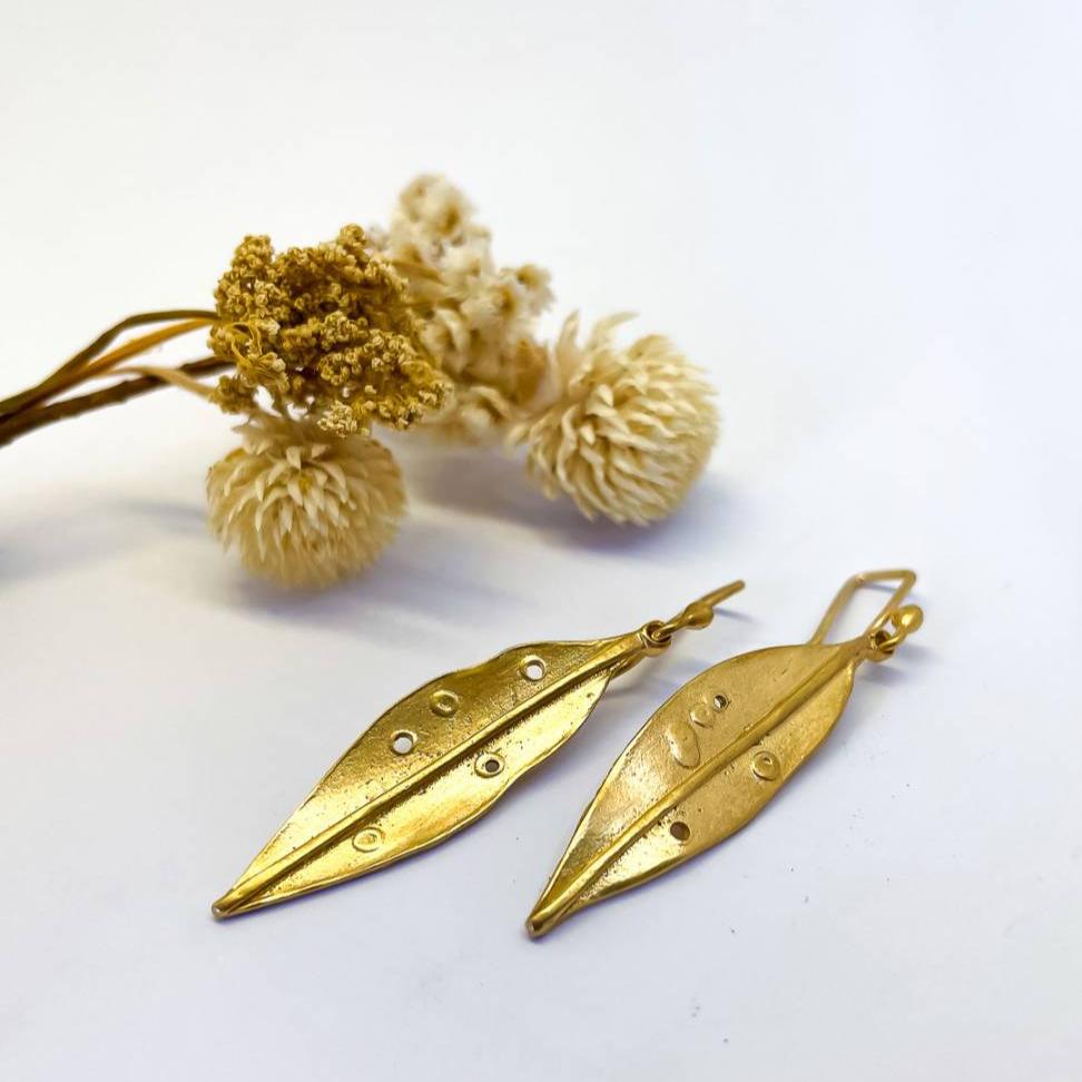 Golden Pohutukawa Leaf Pendant Earrings | 18ct Gold Plate over Sterling Silver | Long - HerbertandWilks Jewellery
