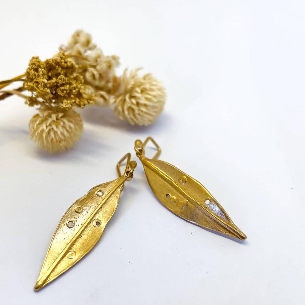 Golden Pohutukawa Leaf Pendant Earrings | 18ct Gold Plate over Sterling Silver | Long - HerbertandWilks Jewellery
