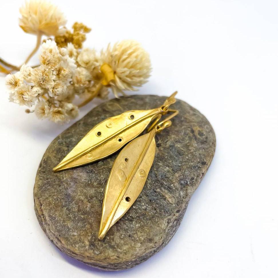 Golden Pohutukawa Leaf Pendant Earrings | 18ct Gold Plate over Sterling Silver | Long - HerbertandWilks Jewellery