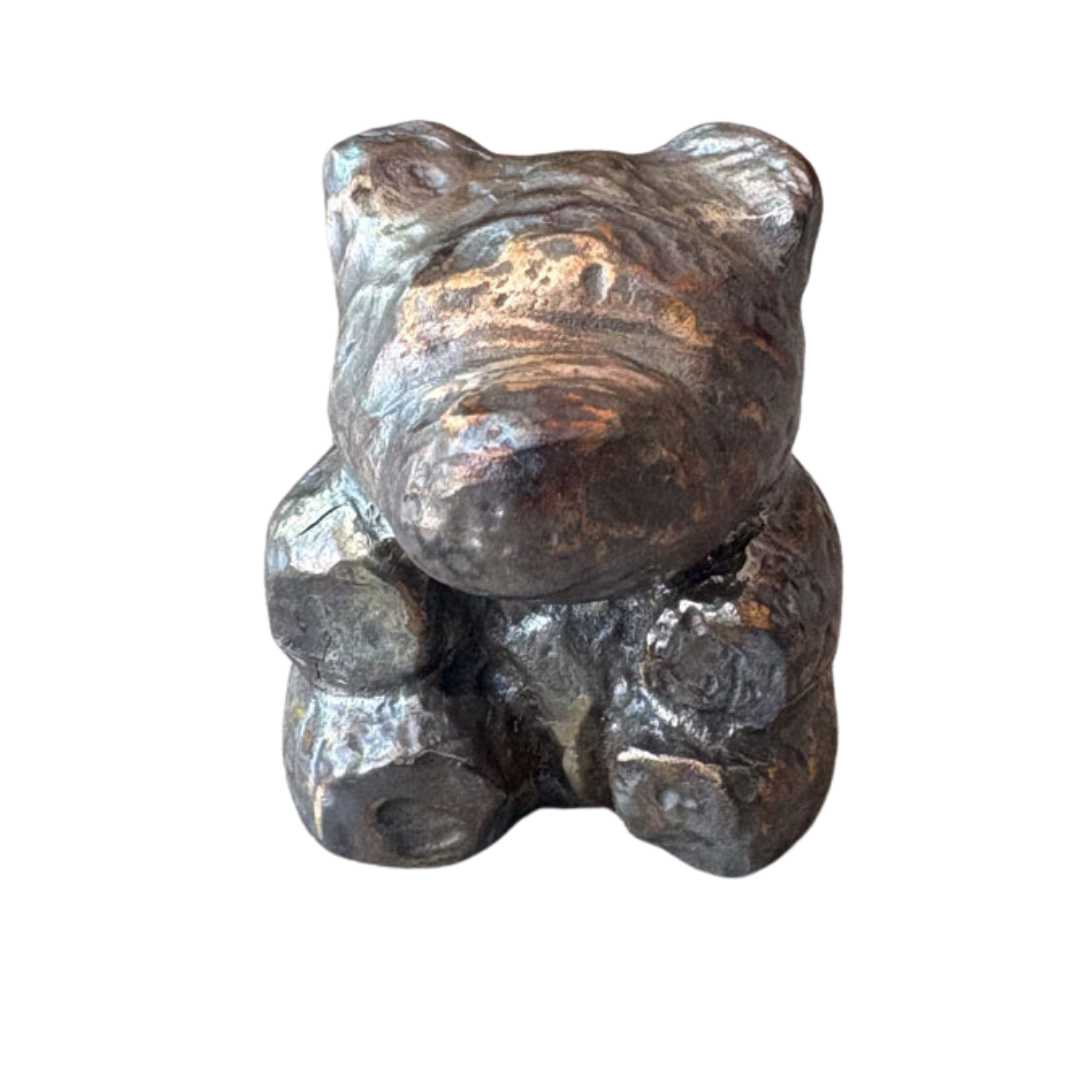 Front view of handcrafted solid cast bronze teddy bear sculpture with caramel patina by HerbertandWilks Jewellery