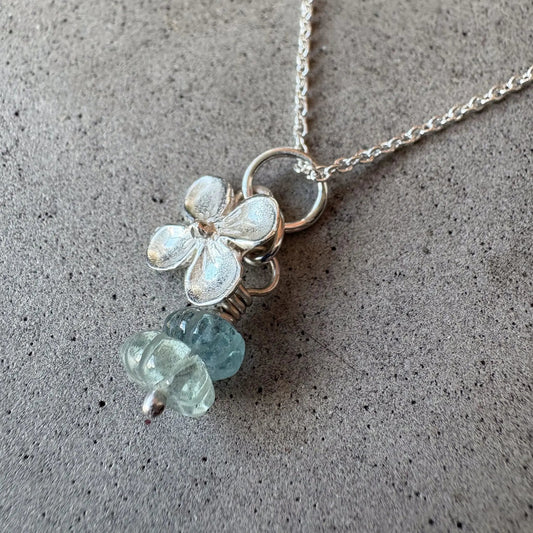 Hydrangea Flower Necklace with Aquamarine Beads – Sterling Silver - HerbertandWilks Jewellery