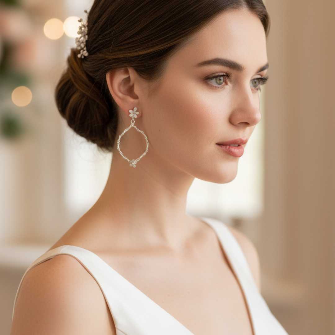 Elegant bridal portrait featuring handcrafted sterling silver interwoven flora statement earrings - premium New Zealand made wedding jewellery