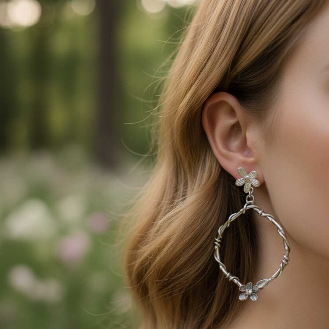 Woman wearing handcrafted sterling silver interwoven flora statement earrings in natural setting - New Zealand made botanical jewellery
