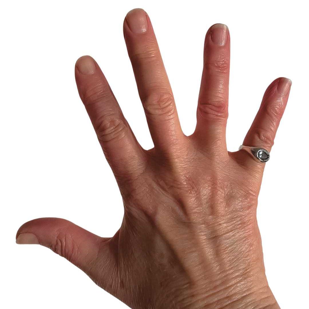 Kamahi Signet Ring Solid Sterling Silver set with a Ceylon Blue Sapphire shown being worn against a white background - HerbertandWilks Jewellery