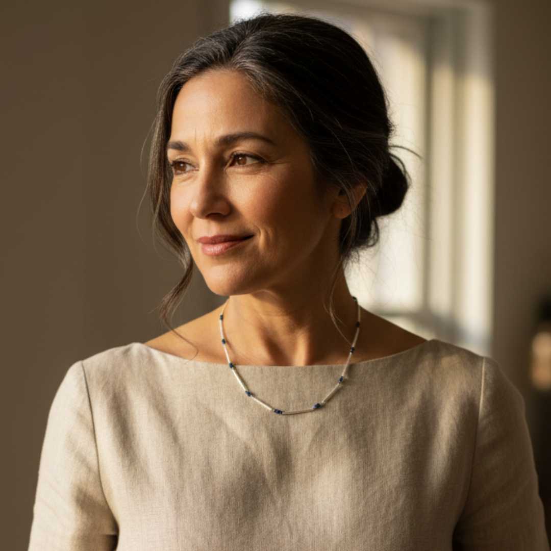 Mature woman wearing sterling silver and blue sapphire chain necklace with architectural linen dress - anniversary jewellery New Zealand