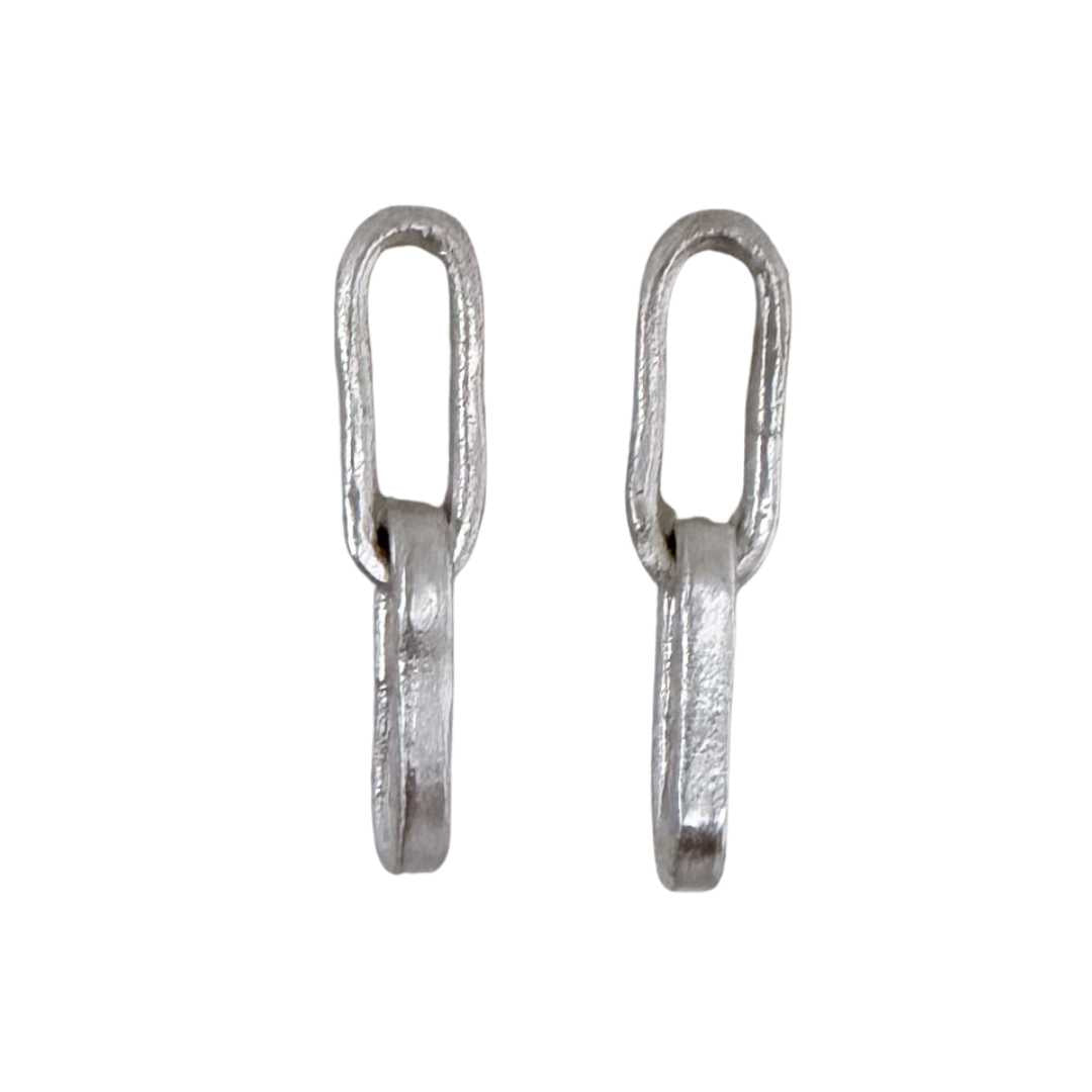 Paperclip Chain Link Earrings in sterling silver, front view showing satin finish and handmade surface texture, white background
