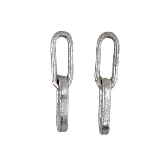 Paperclip Chain Link Earrings in sterling silver, front view showing satin finish and handmade surface texture, white background