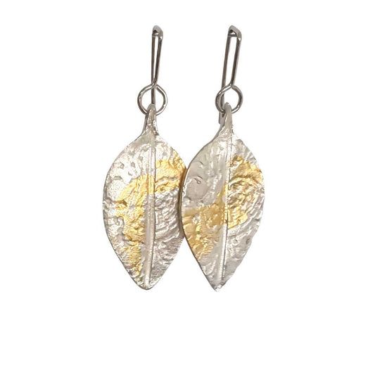 Fine silver Pohutukawa Lace Leaf Earrings with 24 ct gold leaf detail shown face-on against a white background.