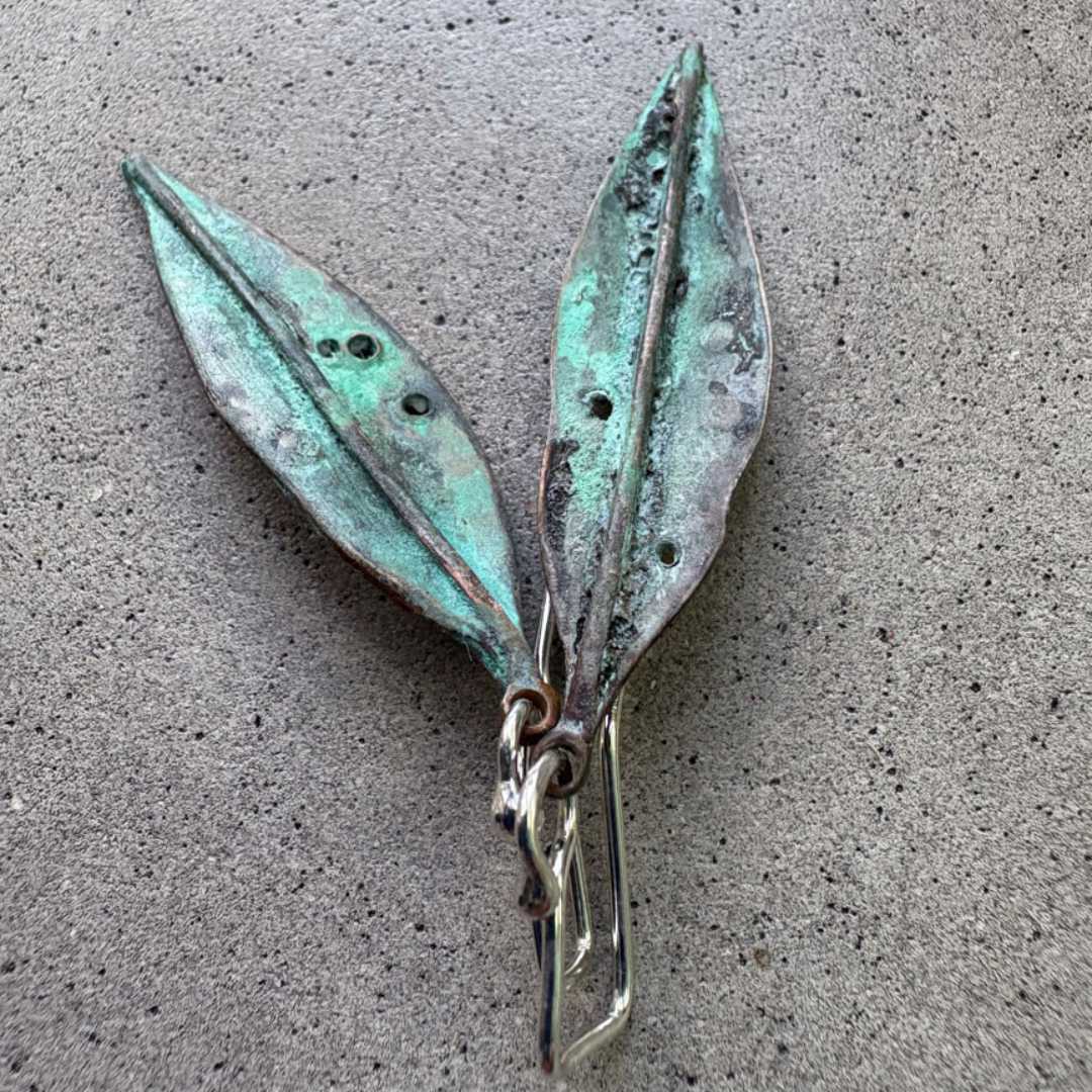 Pohutukawa Leaf Pendant Earrings | Bronze + Sterling Silver | Long - HerbertandWilks Jewellery