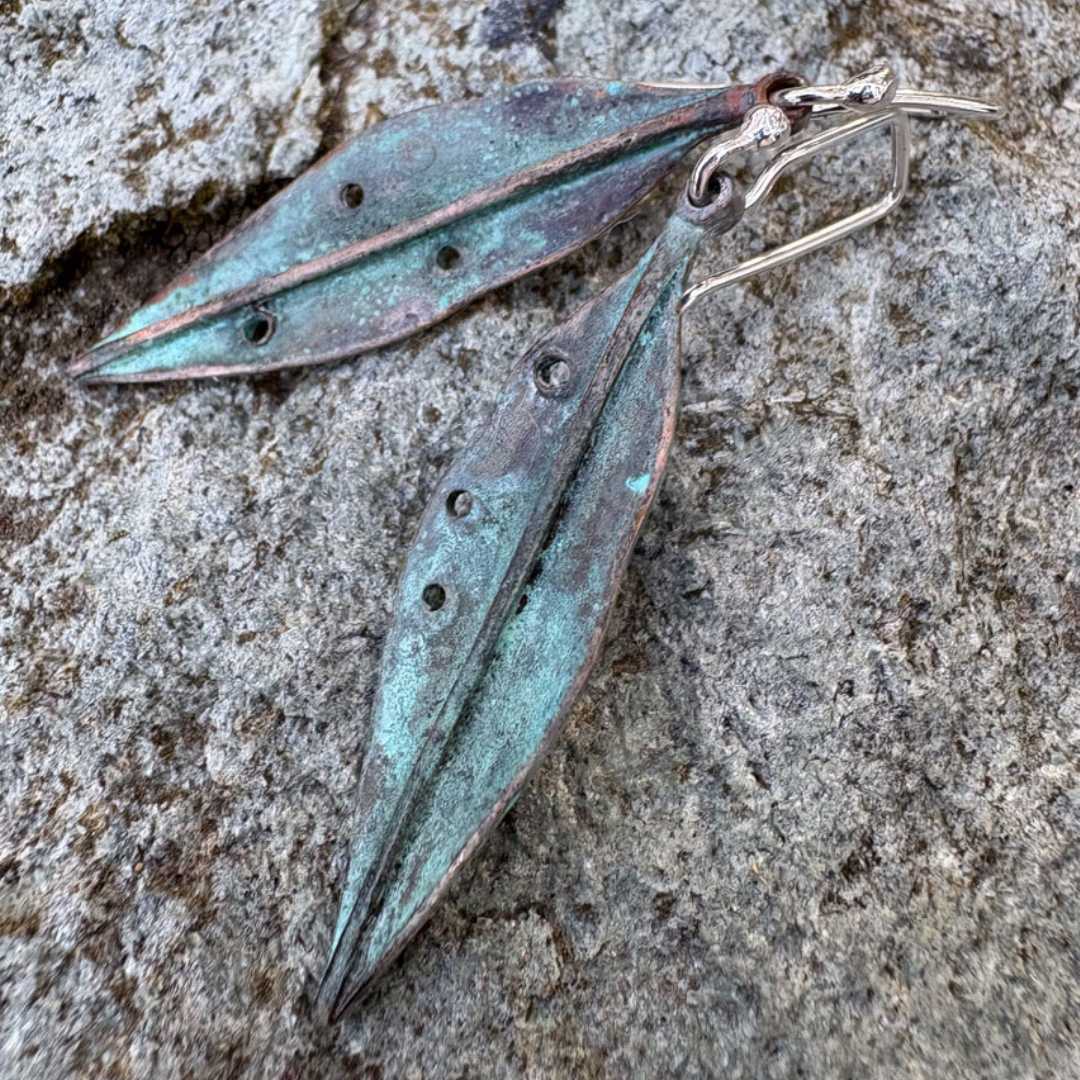 Pohutukawa Leaf Pendant Earrings | Bronze + Sterling Silver | Long - HerbertandWilks Jewellery