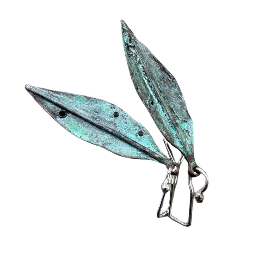 Pohutukawa Leaf Pendant Earrings | Bronze + Sterling Silver | Long - HerbertandWilks Jewellery