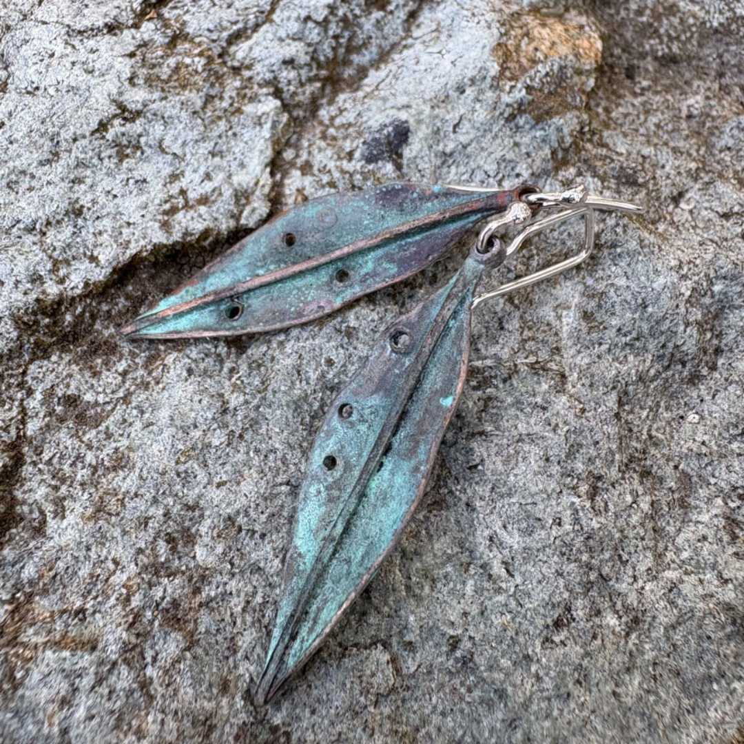 Pohutukawa Leaf Pendant Earrings | Bronze + Sterling Silver | Long - HerbertandWilks Jewellery