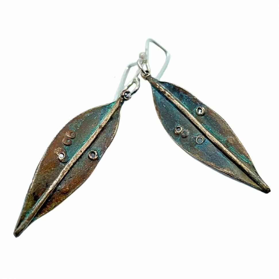 Pohutukawa Leaf Pendant Earrings | Bronze + Sterling Silver | Long - HerbertandWilks Jewellery