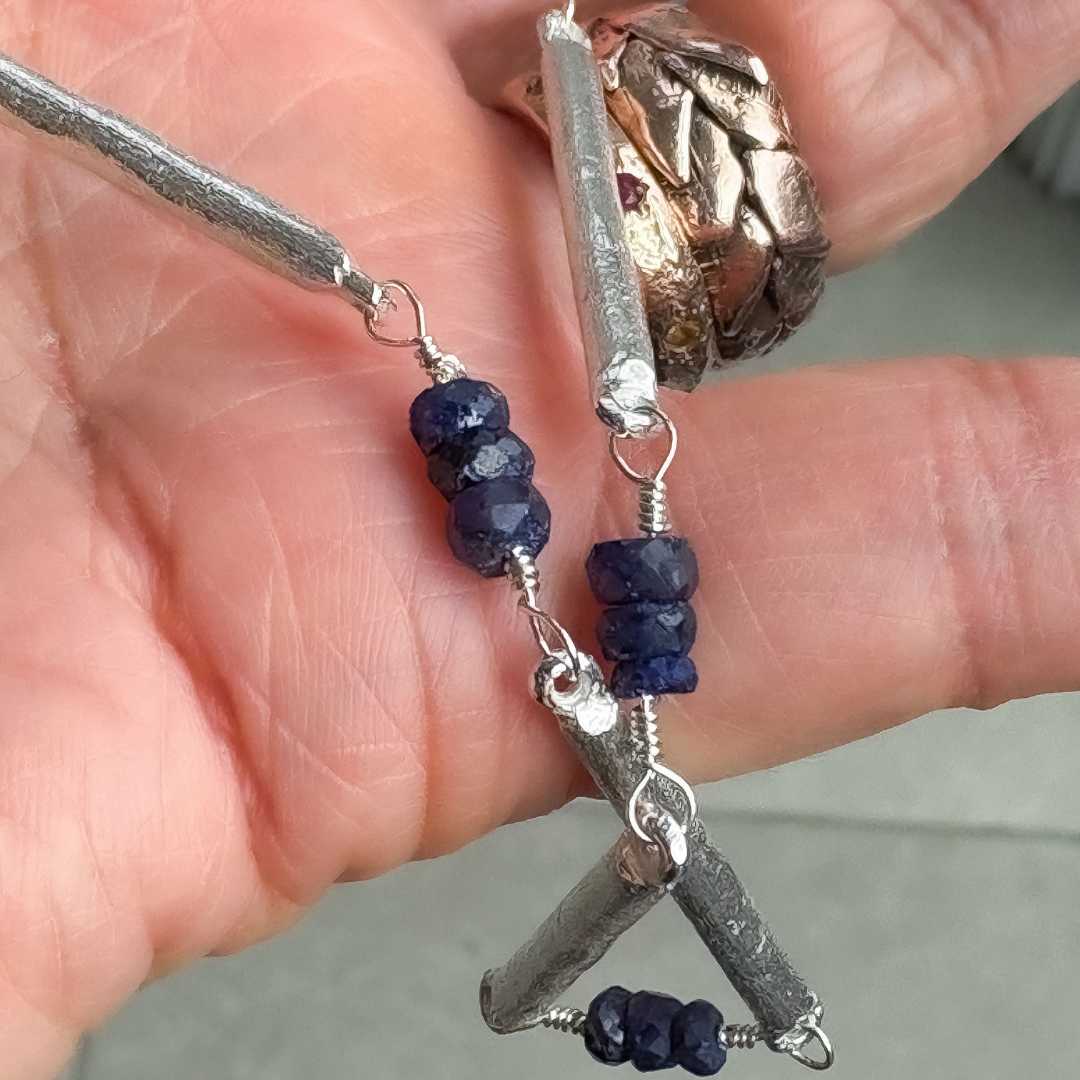 Hand-forged sterling silver necklace with blue sapphires - anniversary gift jewellery