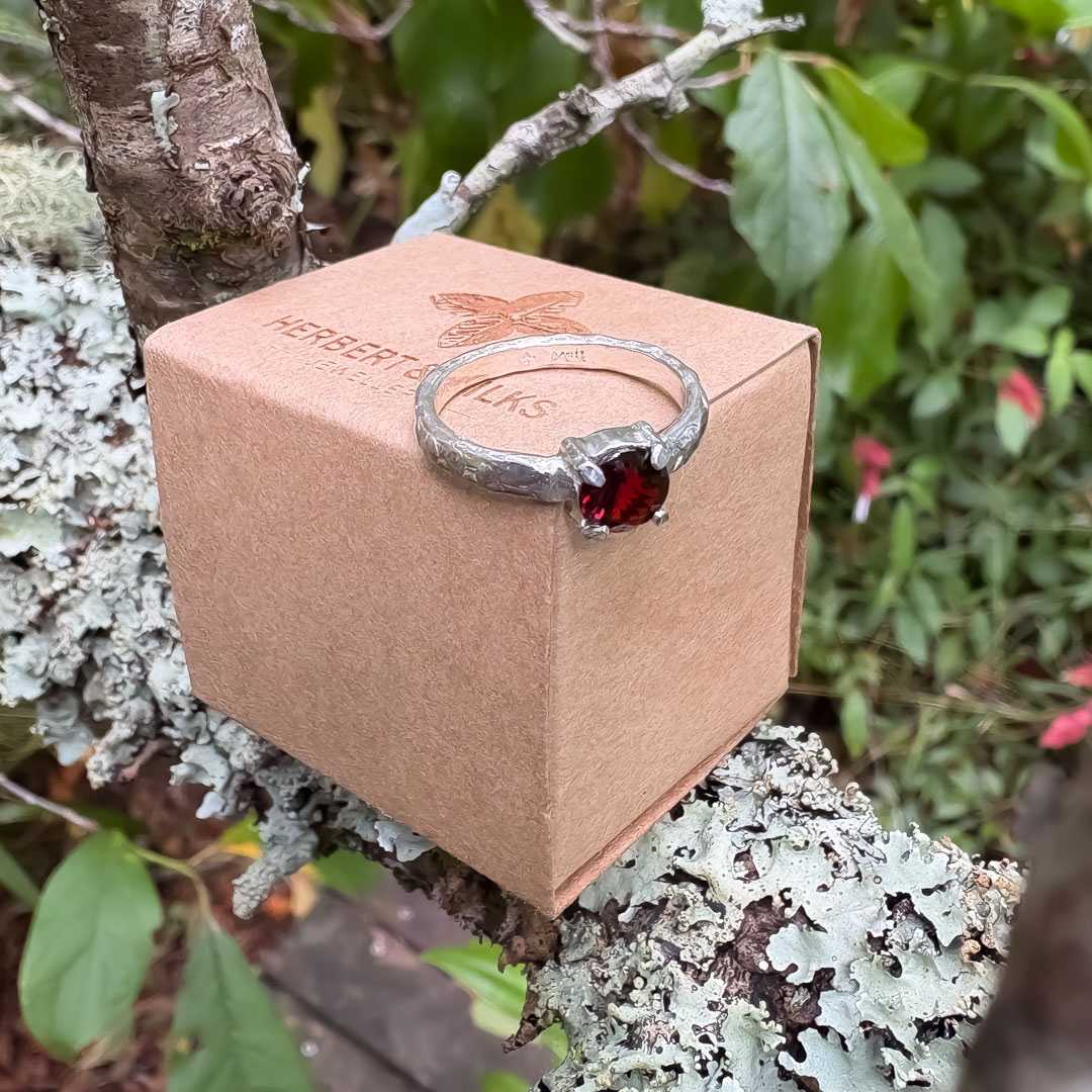 Solitaire Garnet Ring in Sterling Silver, Size O - HerbertandWilks Jewellery