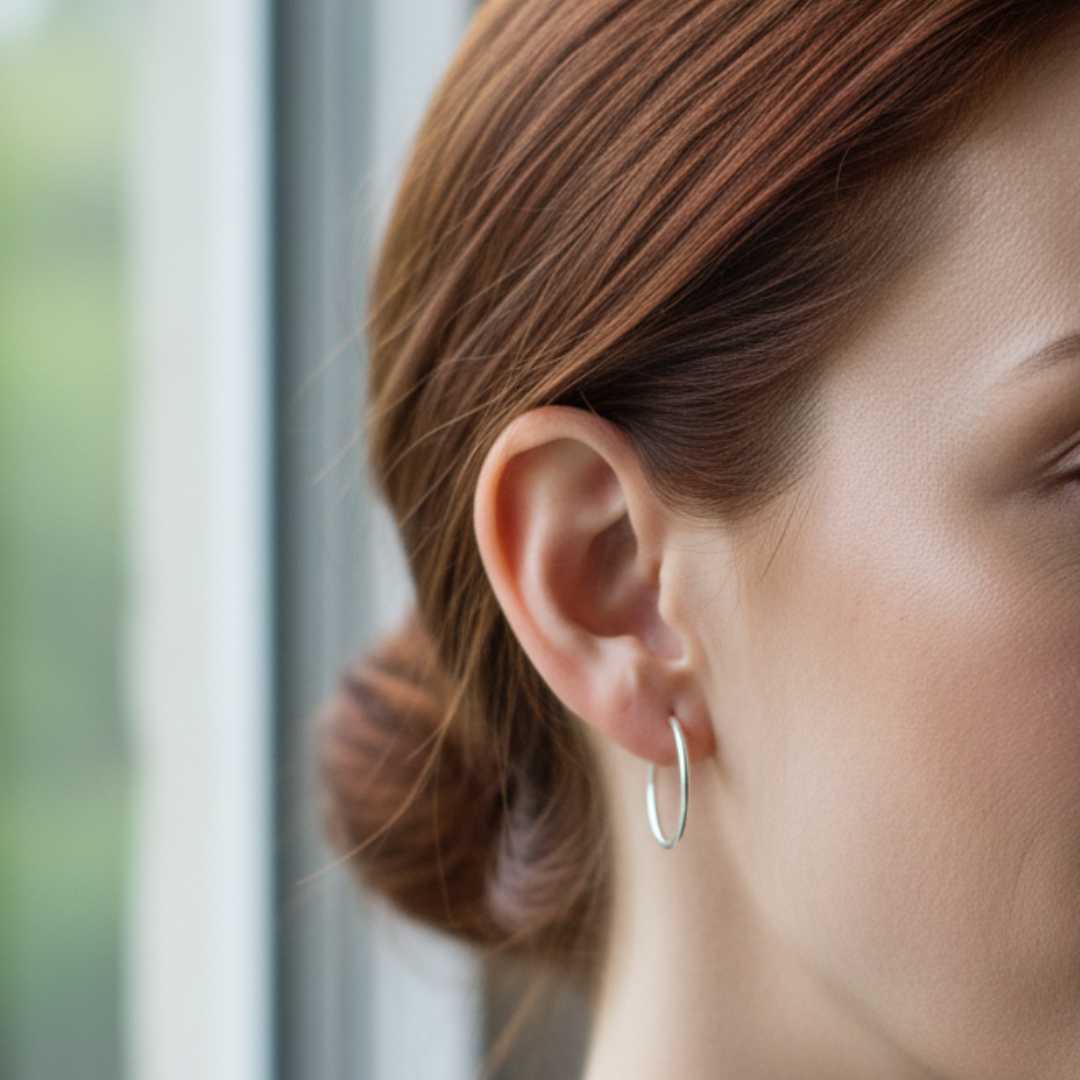 Woman wearing 16mm sterling silver sleeper earring - comfortable everyday silver hoop