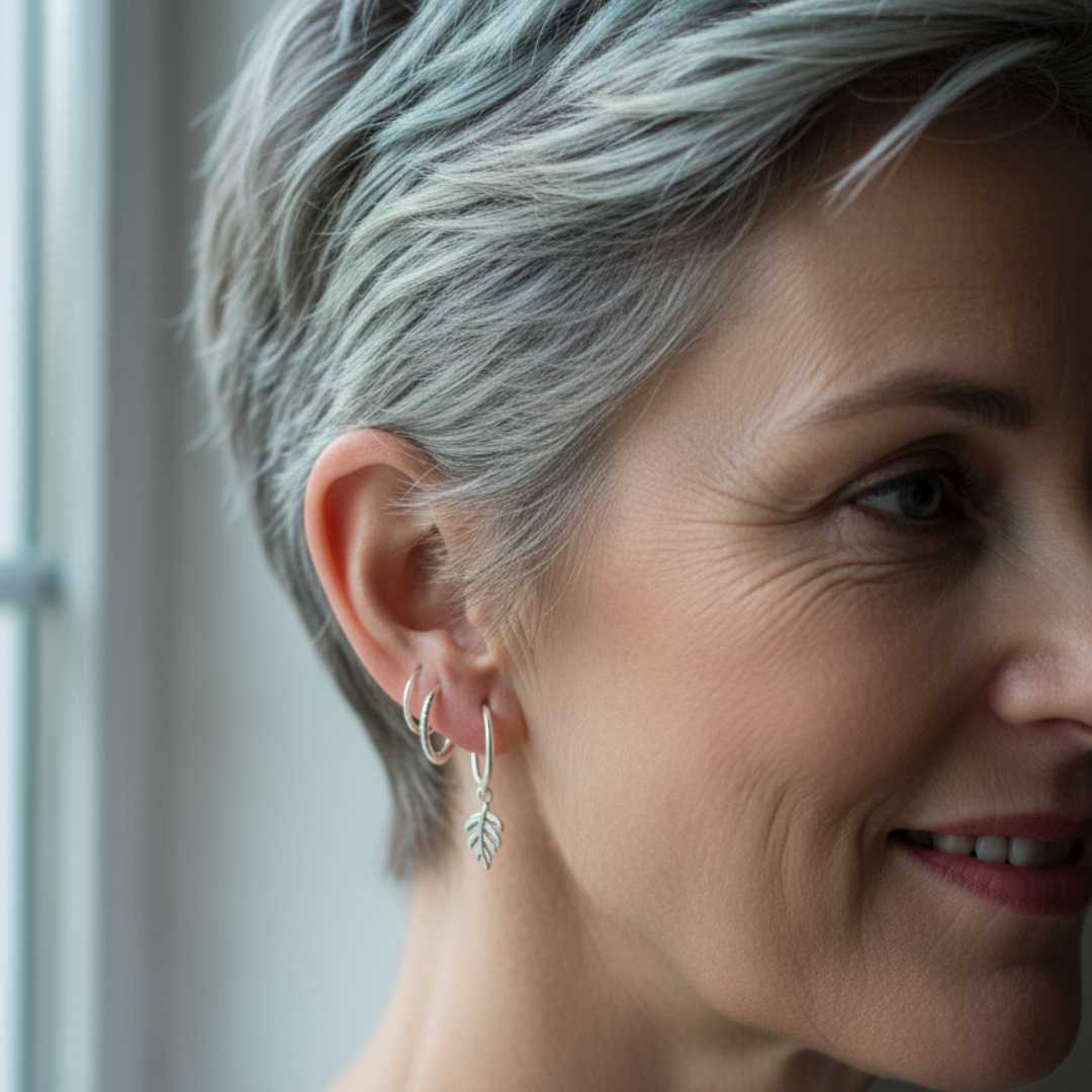 Woman 60s wearing stacked 12mm sterling silver sleeper earrings with charm - ageless style