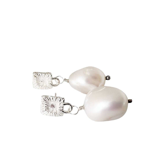Strata Rectangle Pearl Earrings in sterling silver with baroque white pearls — handcrafted in Mt Eden by HerbertandWilks.