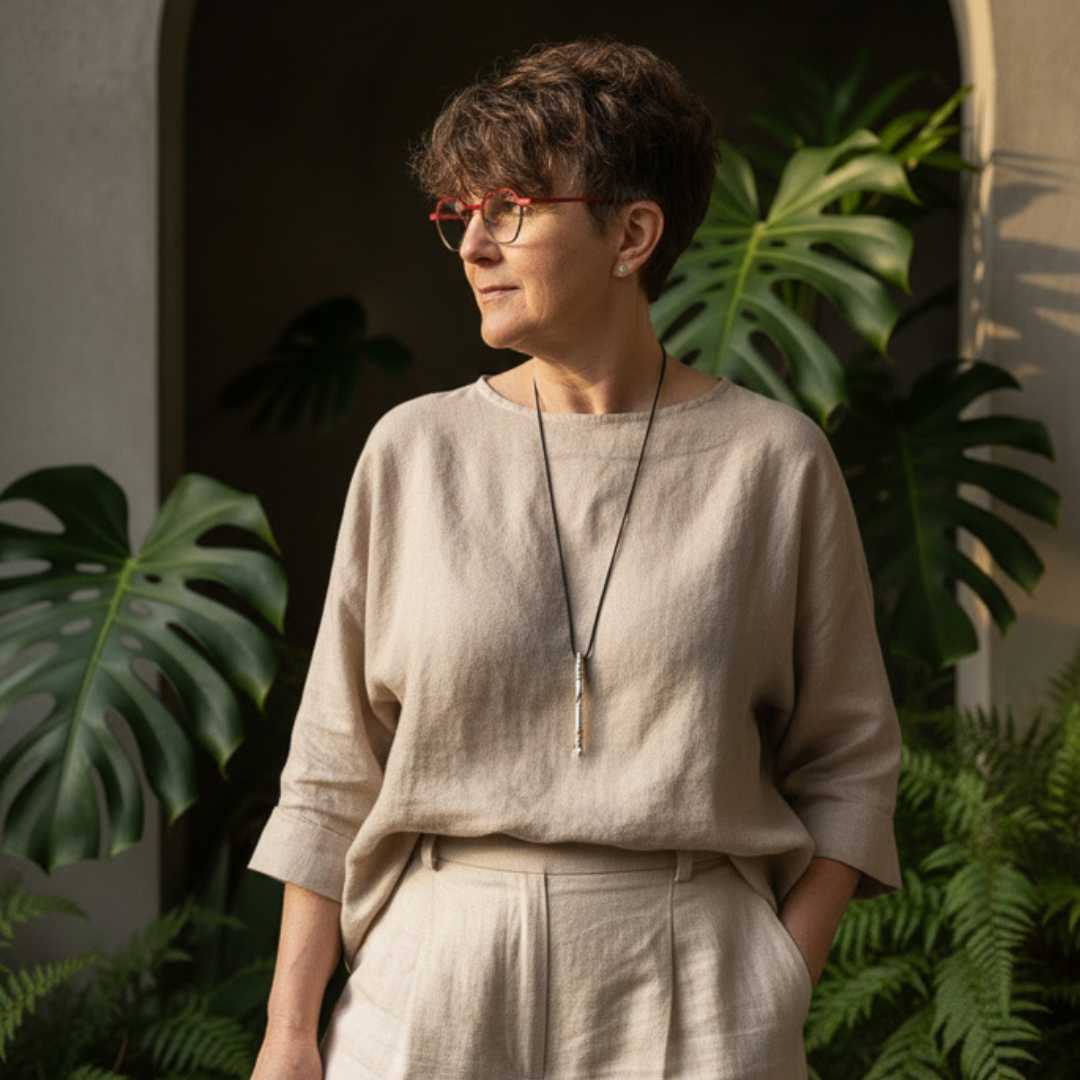 Wrapped Keum-Boo Pendant in sterling silver and 24ct gold on black cord, worn with contemporary linen clothing against botanical background