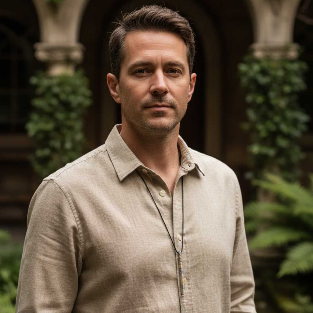  Wrapped Keum-Boo Pendant in hand-forged sterling silver and 24ct gold worn by male model, showcasing unisex appeal