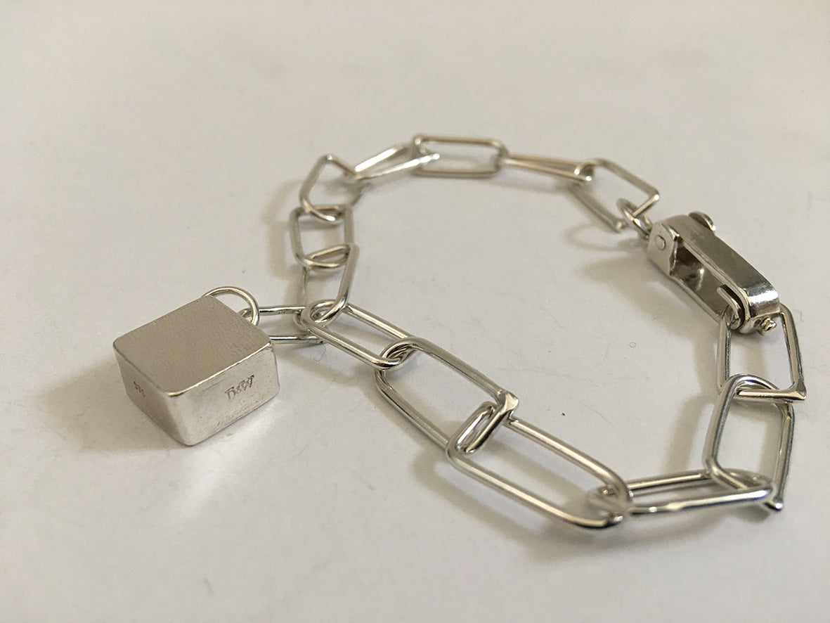 Chain Reaction - D Link Bracelet Chain with 3D Box Charm in Sterling Silver