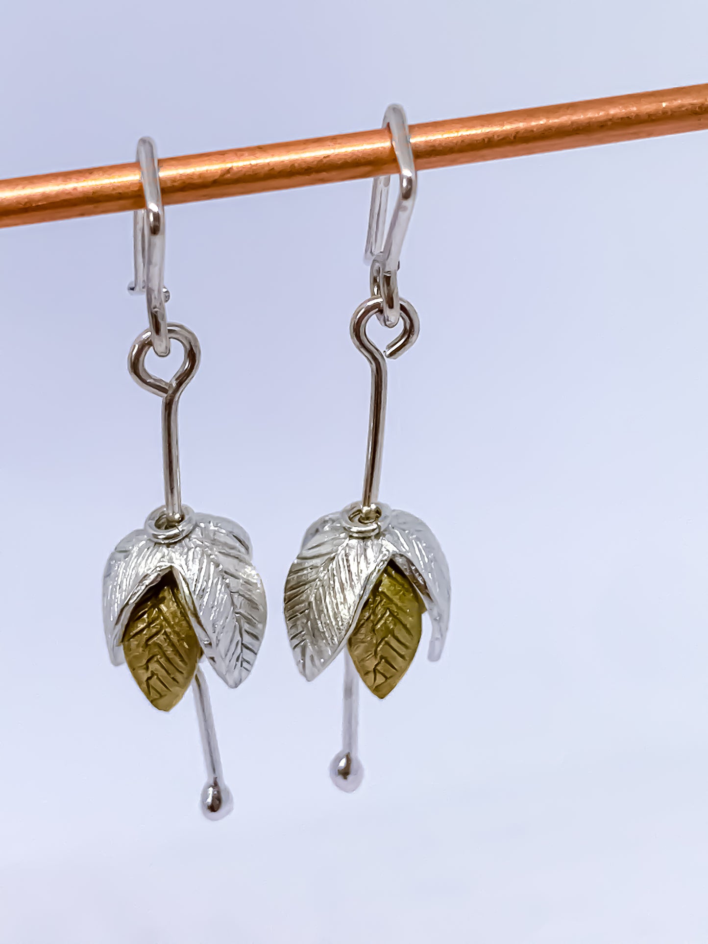Stylised Fuchsia Flower Pendant Earrings in Sterling Silver + Bronze