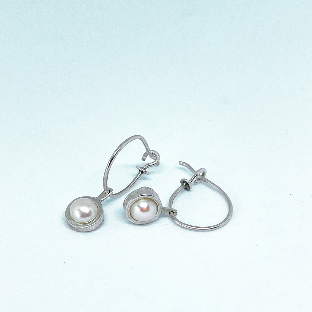 Small Sterling Silver Hoop Earrings with Pearl Charms