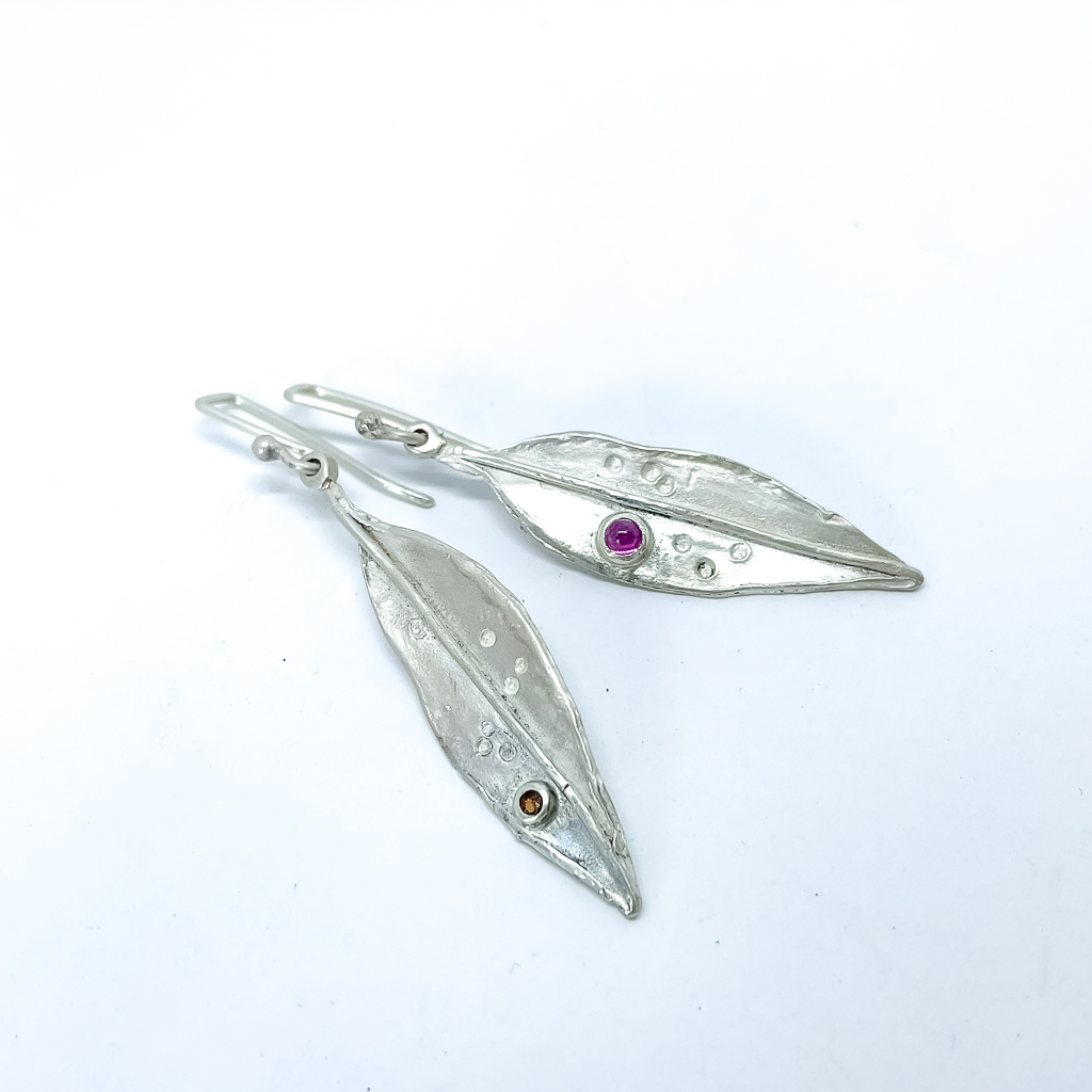 Pohutukawa Leaf Pendant Earrings | Fine Silver + Pink Tourmaline + Spessartine Garnet
